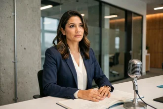 Portrait éditorial d'une journaliste d'origines méditerranéennes et latines assise dans une salle de rédaction moderne, expression assurée et posture professionnelle