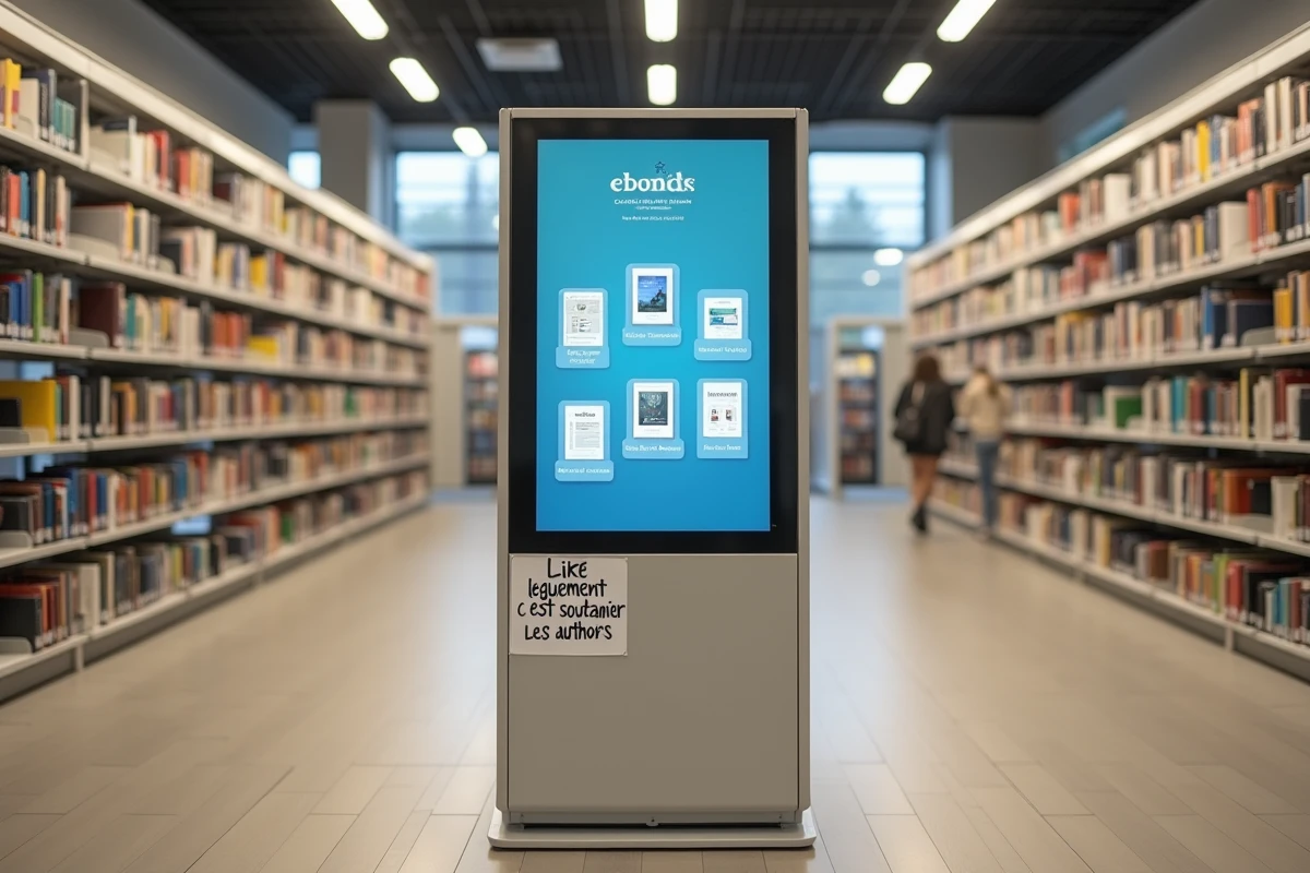 Kiosque numérique de lecture légale dans une bibliothèque publique moderne entouré de rayonnages de livres physiques