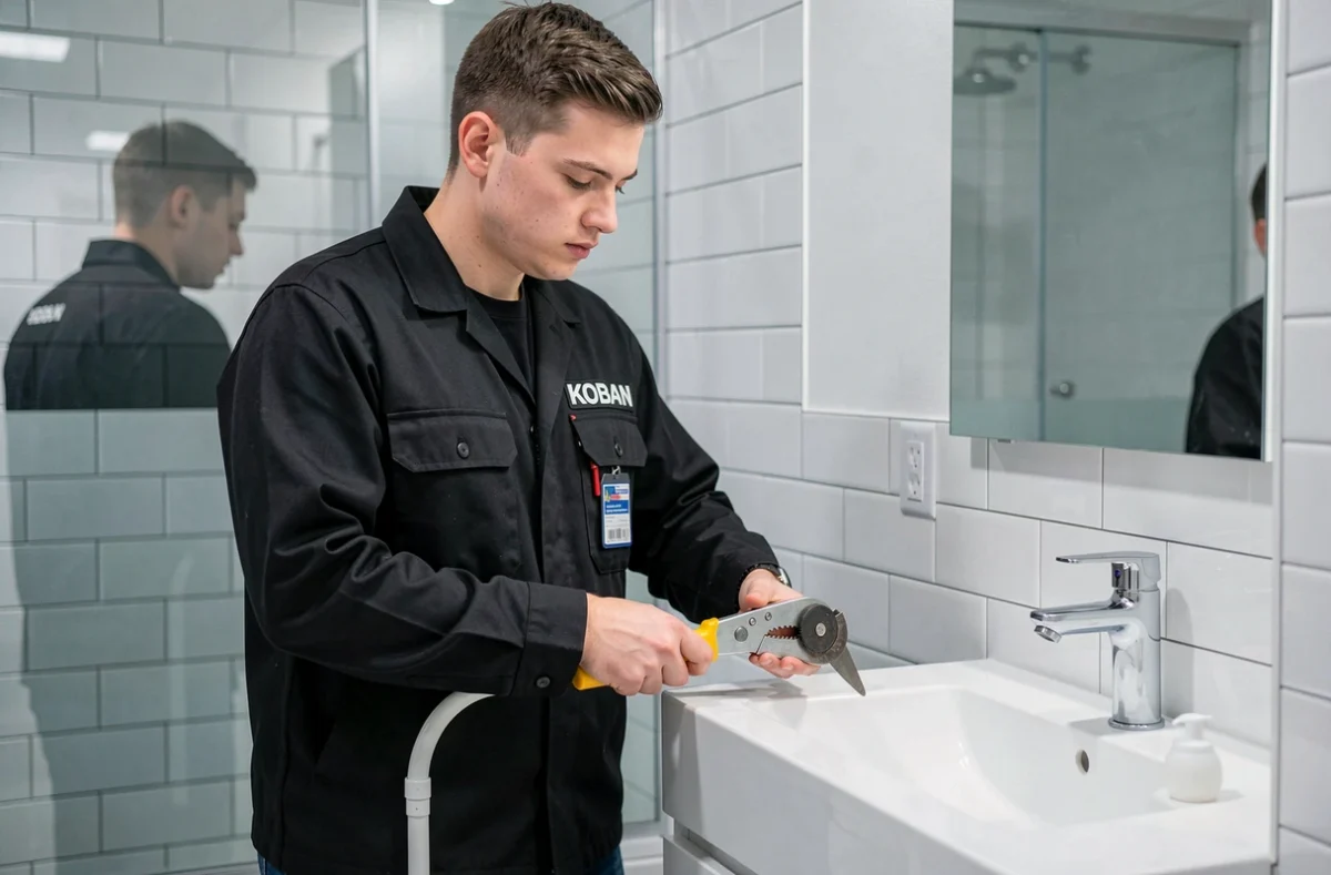 Plombier KOBAN découpant un tuyau PVC dans une salle de bain moderne avec carrelage métro blanc