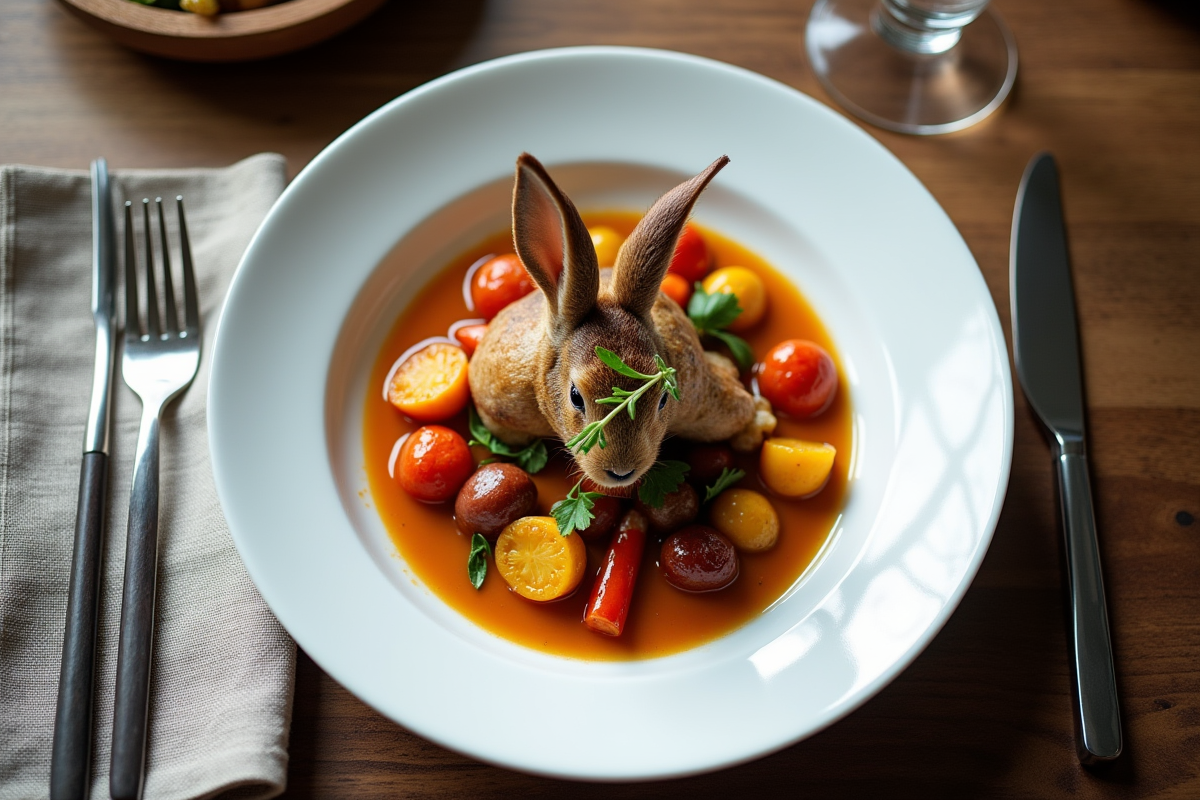Lapin en sauce avec légumes colorés sur une assiette blanche