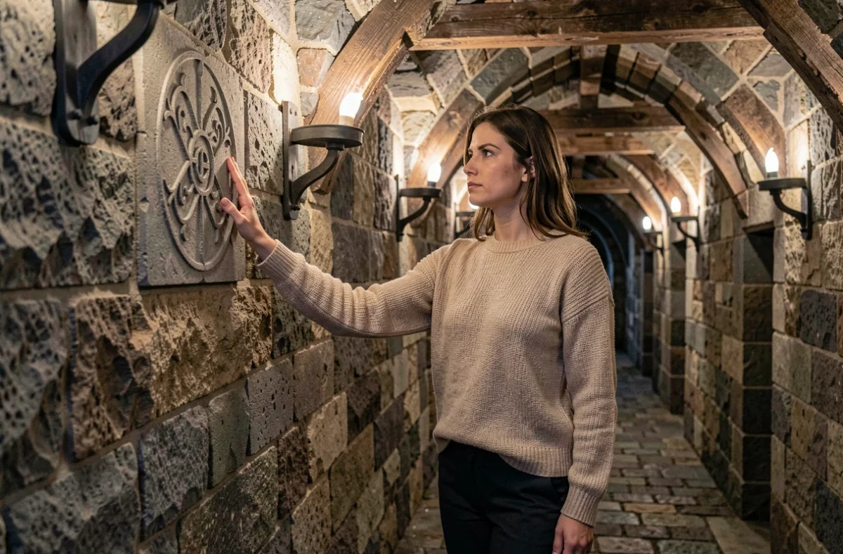 Joueuse examinant un symbole gravé dans un couloir médiéval de l'escape room Le Dernier Secret en Moselle