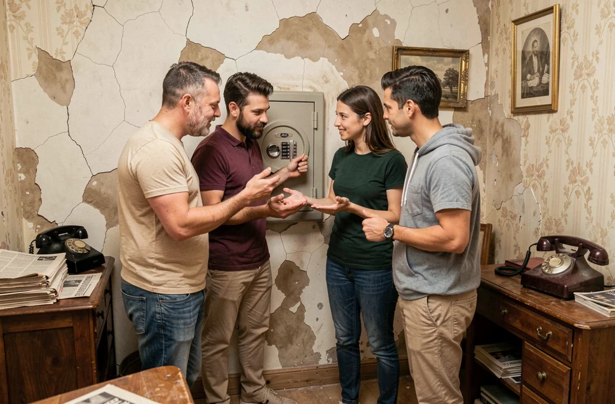 Groupe de joueurs tentant d'ouvrir un coffre-fort dans l'escape room L'Échappatoire en Moselle