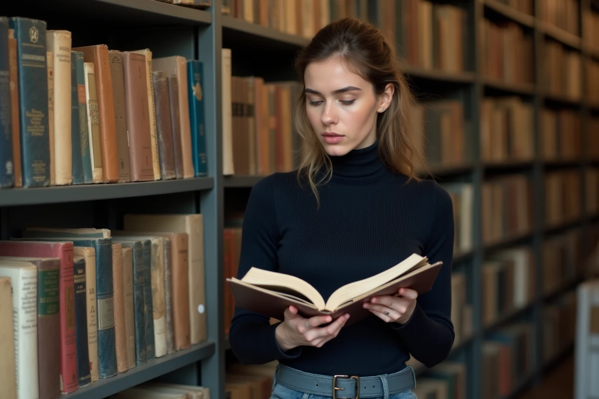Jeune femme italienne récitant un recueil de poésie dans une librairie ancienne de Bologne, étagères chargées de livres littéraires italiens