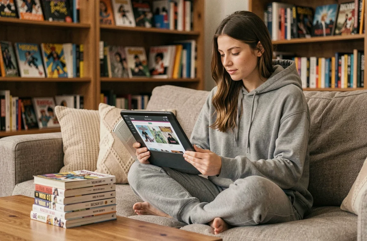 Jeune femme lisant des mangas légalement sur tablette depuis son canapé à la maison
