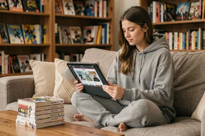 Jeune femme lisant des mangas légalement sur tablette depuis son canapé à la maison
