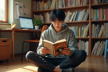 Jeune homme lisant un manga One Piece dans une chambre décorée de volumes manga et d'affiches japonaises