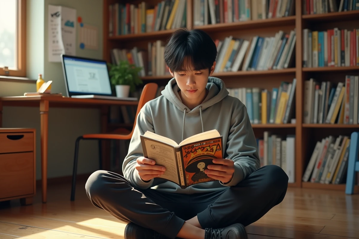 Jeune homme lisant un manga One Piece dans une chambre décorée de volumes manga et d'affiches japonaises