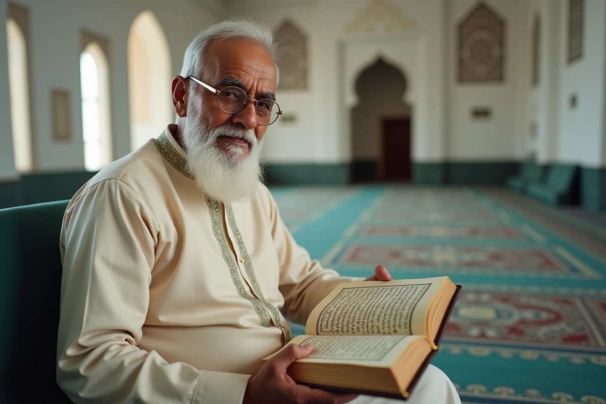 Vieil homme lisant la sourate Al Mulk dans une mosquée, doigt posé sur le texte arabe d'un Coran usé
