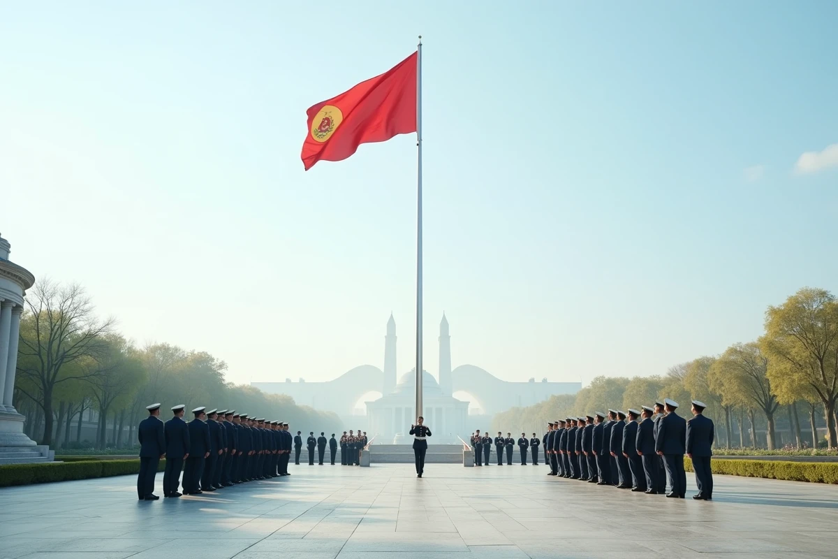 Levée des couleurs nationales avec une fanfare militaire alignée en formation lors d'une cérémonie matinale