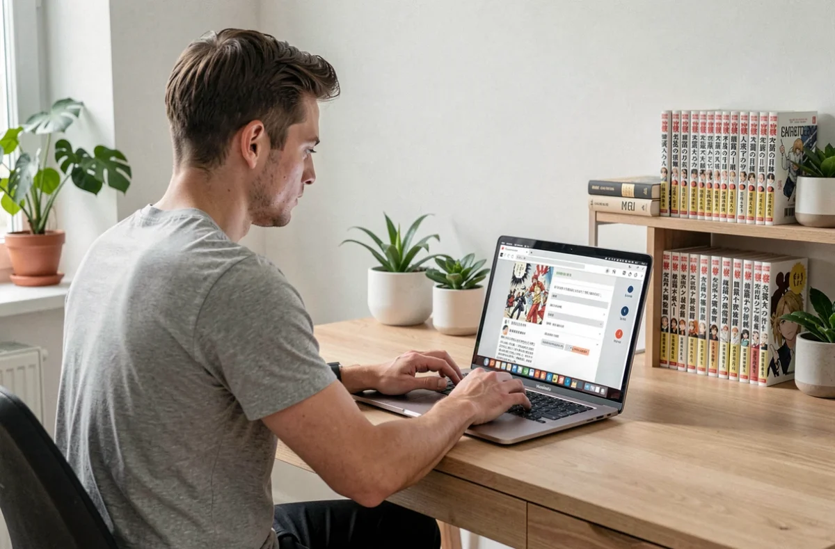 Homme utilisant un ordinateur portable pour lire des mangas sur une plateforme légale depuis son bureau