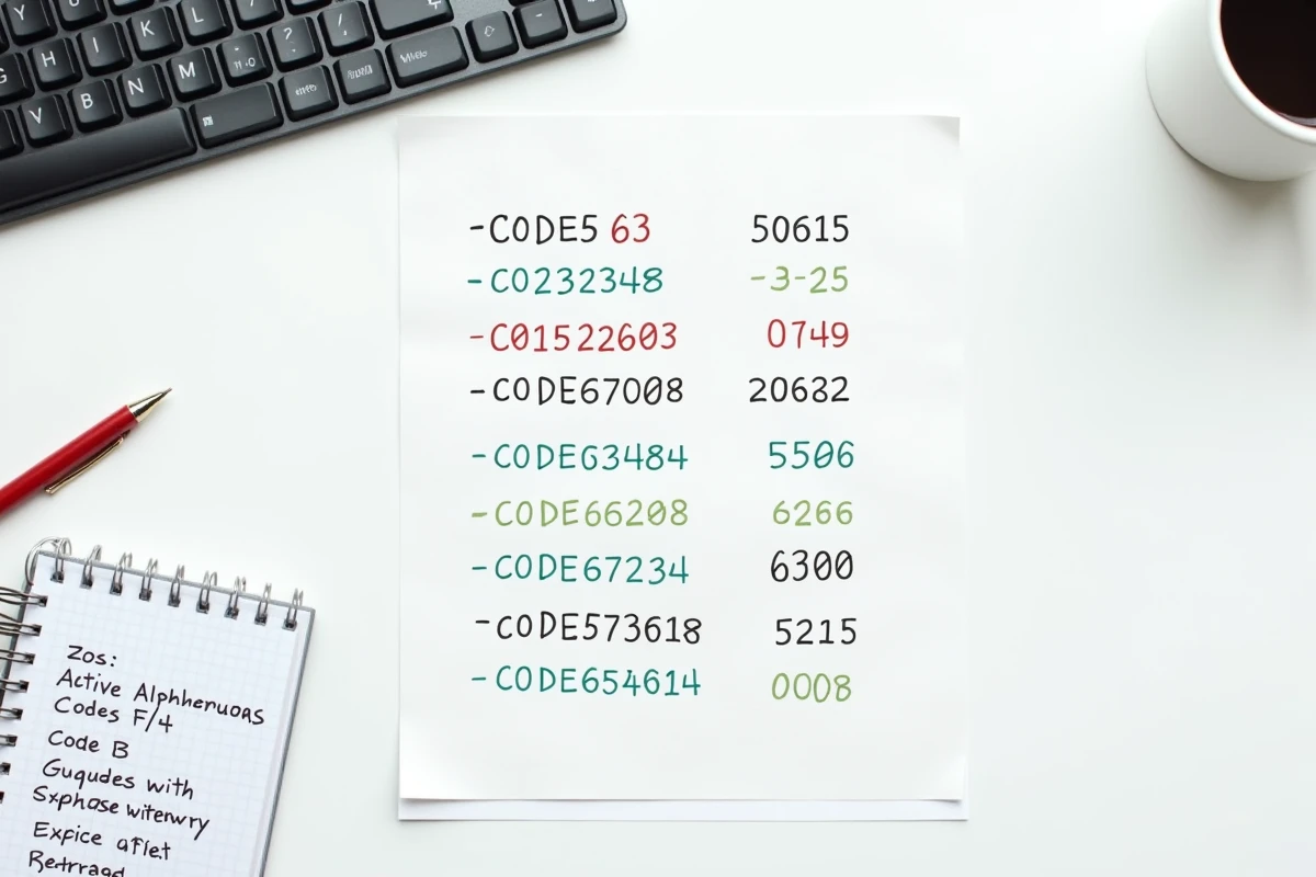 Vue de dessus d'un bureau avec une liste de codes imprimés, certains barrés en rouge et d'autres entourés en vert, symbolisant le tri entre codes expirés et actifs