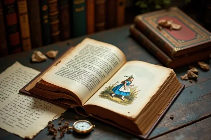 Exemplaire vintage du livre Alice au Pays des Merveilles ouvert sur une illustration du Lapin Blanc, posé sur un bureau en bois avec une montre à gousset et des notes manuscrites