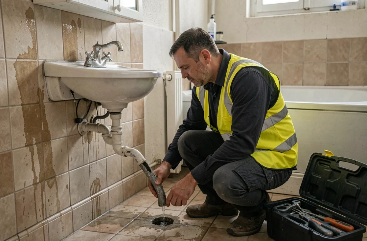 Plombier de Loiret Dépannage Plomberie intervenant d'urgence sur une fuite sous un lavabo dans un appartement ancien