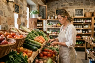 Femme commerçante arrangeant des légumes biologiques dans un magasin bio en Nouvelle-Aquitaine avec des étagères en bois et des paniers en osier
