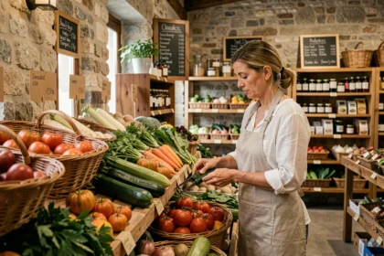 Femme commerçante arrangeant des légumes biologiques dans un magasin bio en Nouvelle-Aquitaine avec des étagères en bois et des paniers en osier