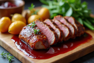 Magret de canard tranché sur planche en bois avec légumes