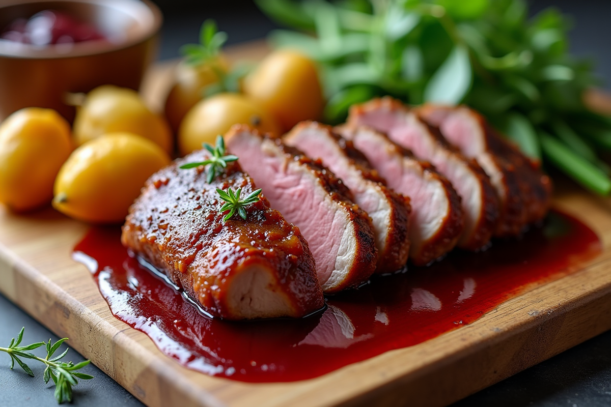 Magret de canard tranché sur planche en bois avec légumes