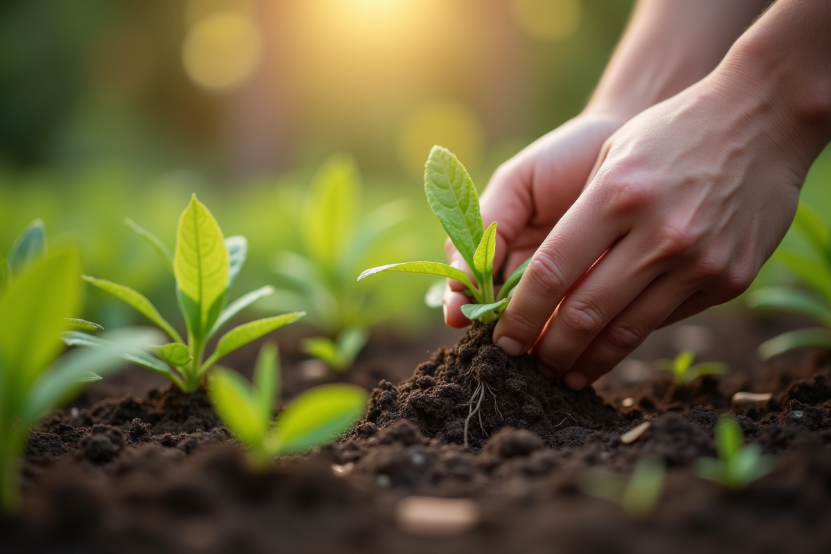 Mains arrachant des mauvaises herbes dans un jardin bio en gros plan