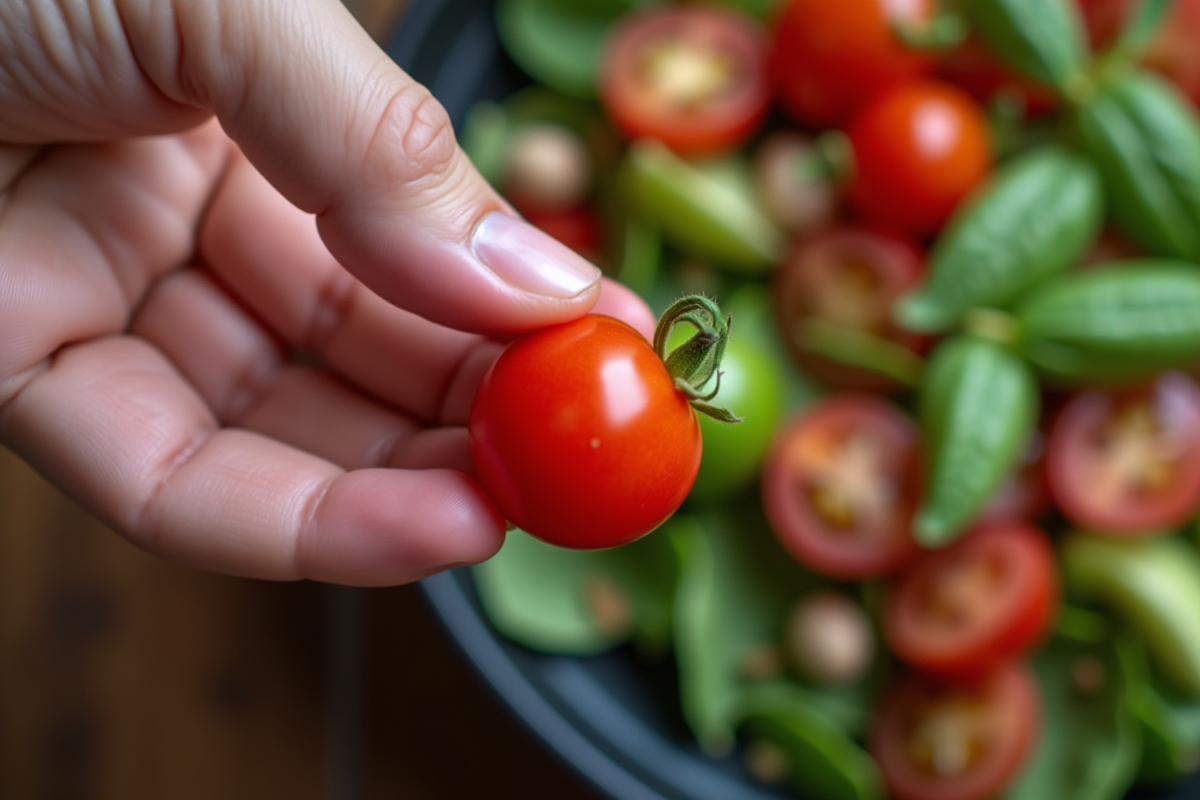 Main tenant une tomate cerise au-dessus d