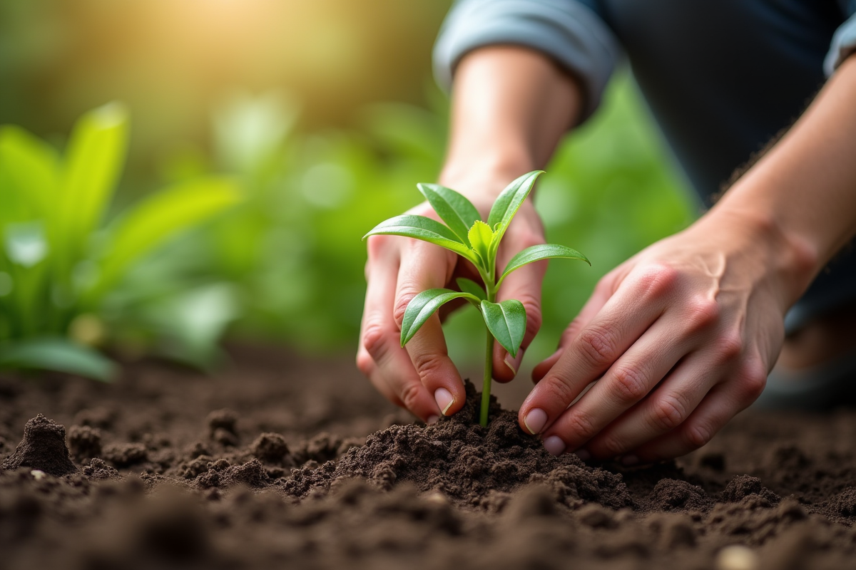 Mains de jardinier plantant une passiflore verte dans un sol humide