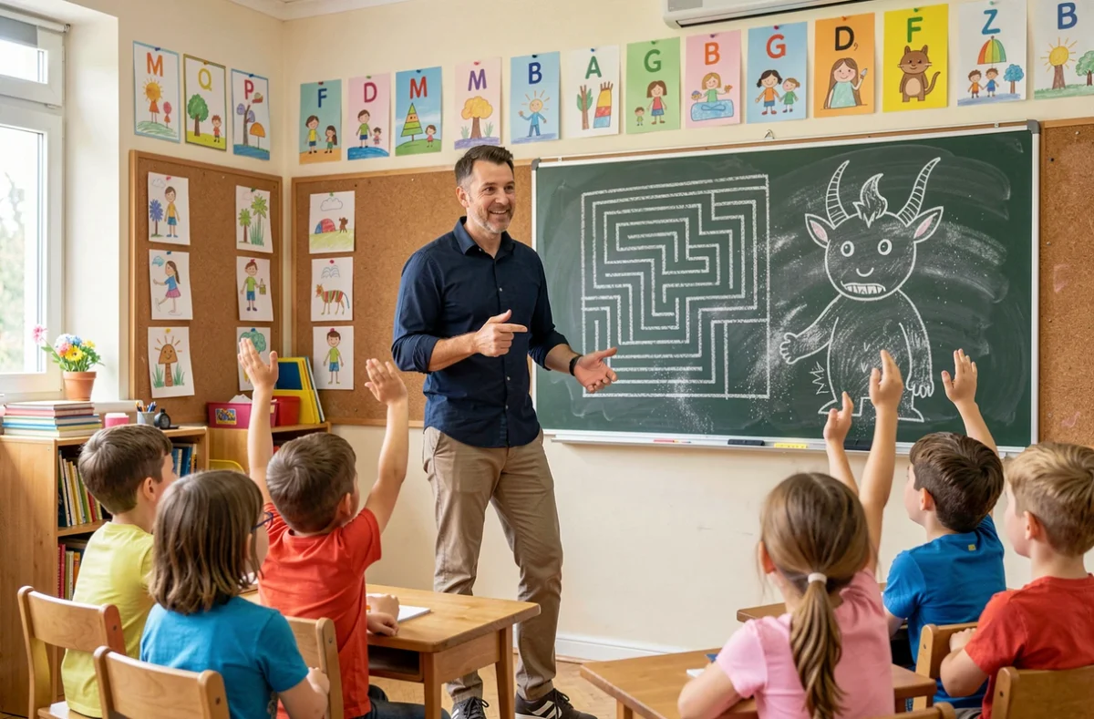 Un instituteur explique la légende du Minotaure et du labyrinthe à des élèves de primaire devant un tableau noir dessiné à la craie