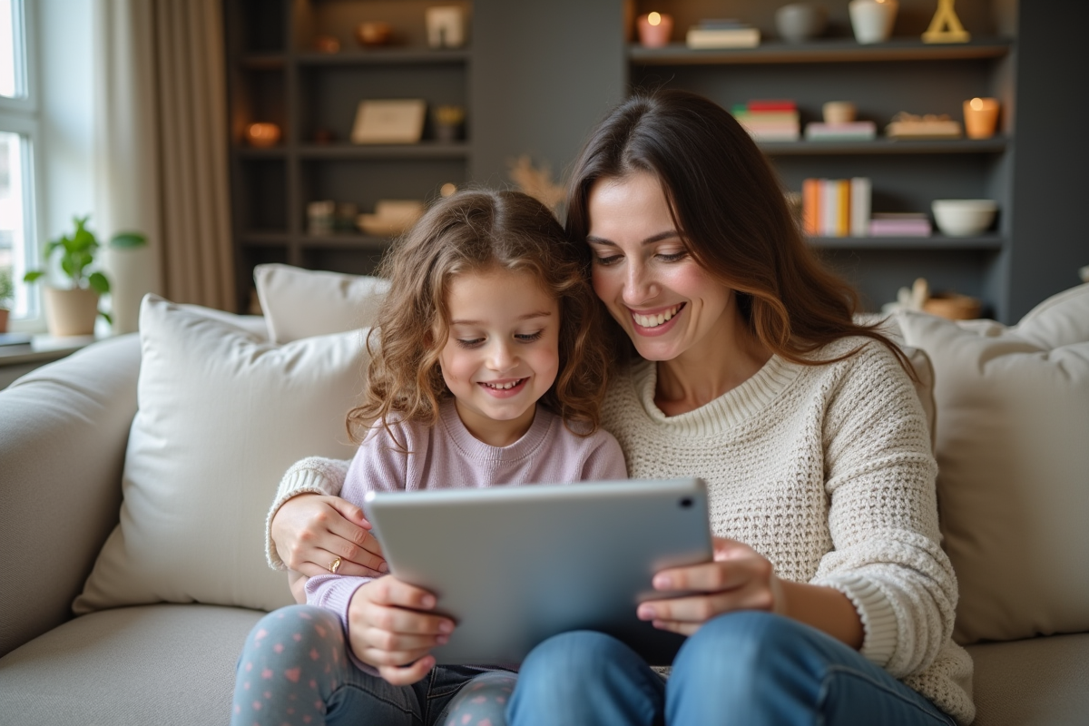 Maman et fille souriantes regardant une tablette dans le salon