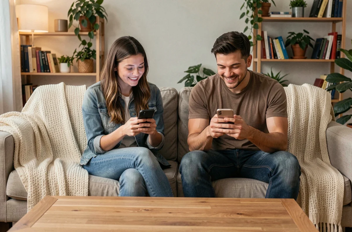 Deux amis sur un canapé échangeant des messages de bonne nuit sur leurs smartphones dans un salon chaleureux