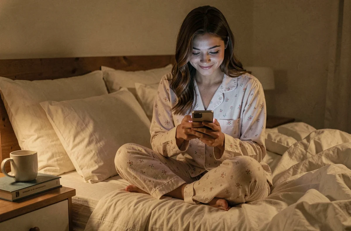 Jeune femme en pyjama envoyant un message de bonne nuit sur son téléphone, assise sur son lit douillet