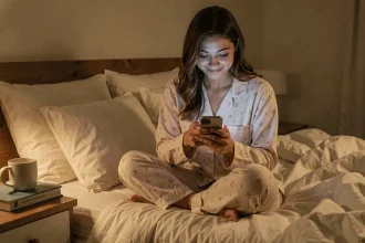 Jeune femme en pyjama envoyant un message de bonne nuit sur son téléphone, assise sur son lit douillet