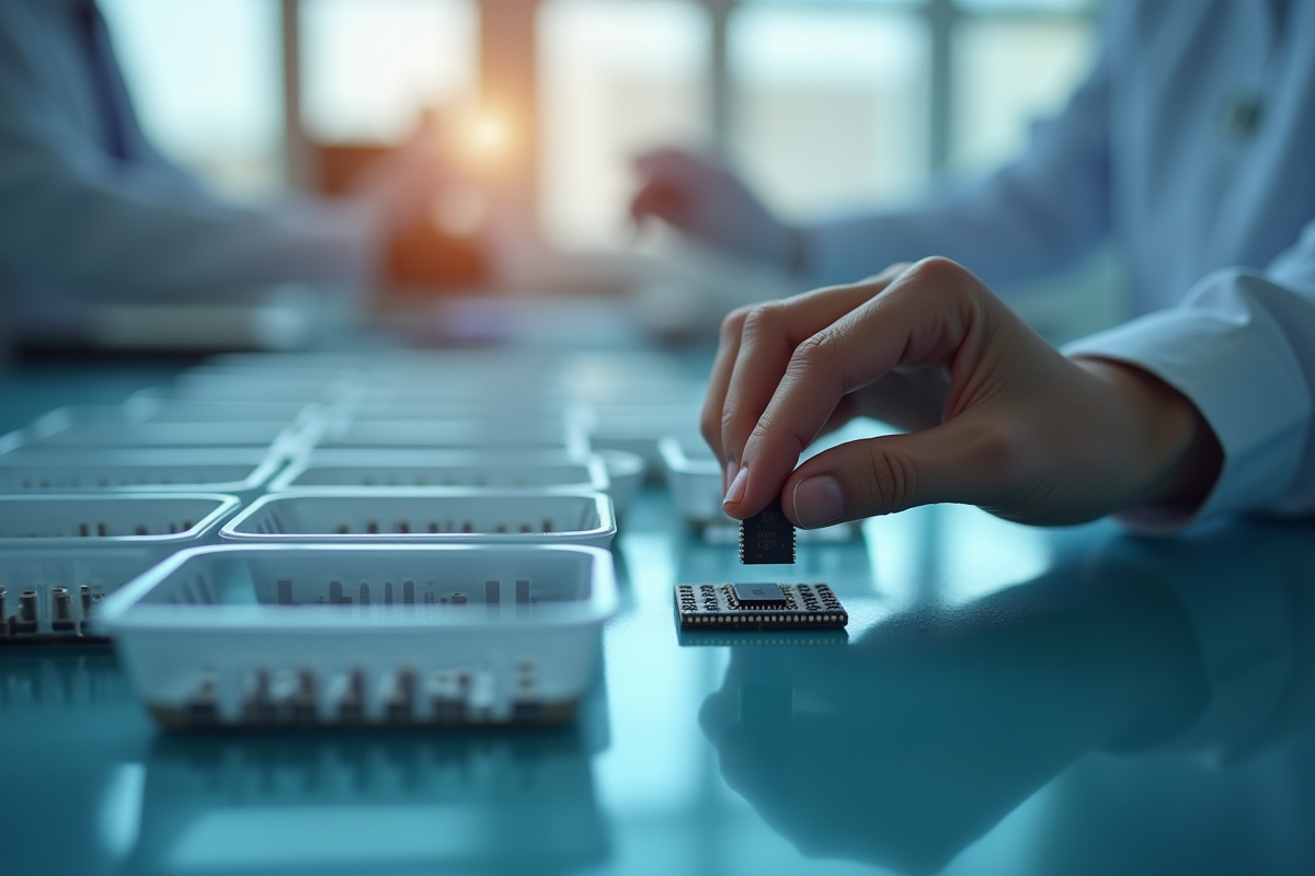 Main tenant un microprocesseur dans laboratoire high-tech