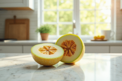 Moignon de melon d'Afrique sur plan de travail blanc