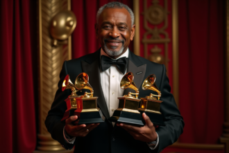 Musicien noir âgé avec trophées Grammy en backstage