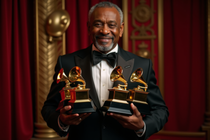 Musicien noir âgé avec trophées Grammy en backstage