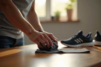 Coureur nettoyant ses écouteurs sans fil avec un chiffon