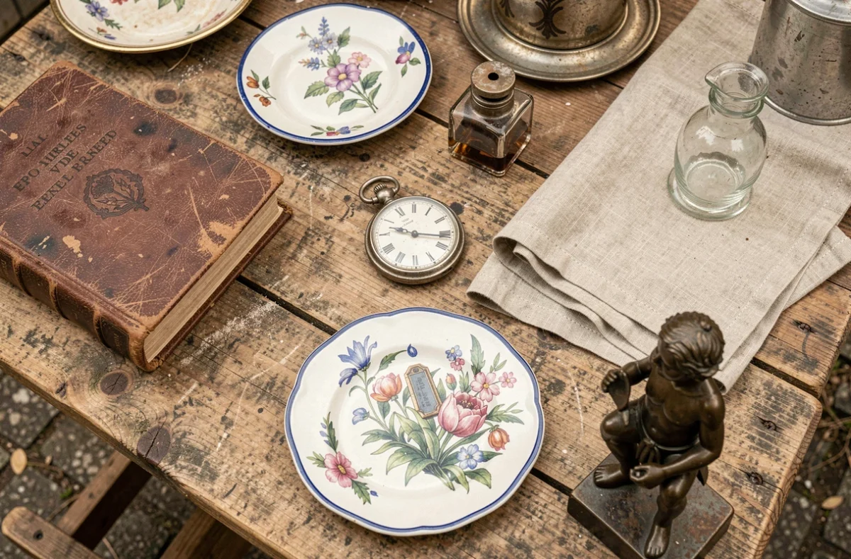 Gros plan sur des objets anciens et de brocante disposés sur une table en bois lors d'un vide grenier dans l'Orne