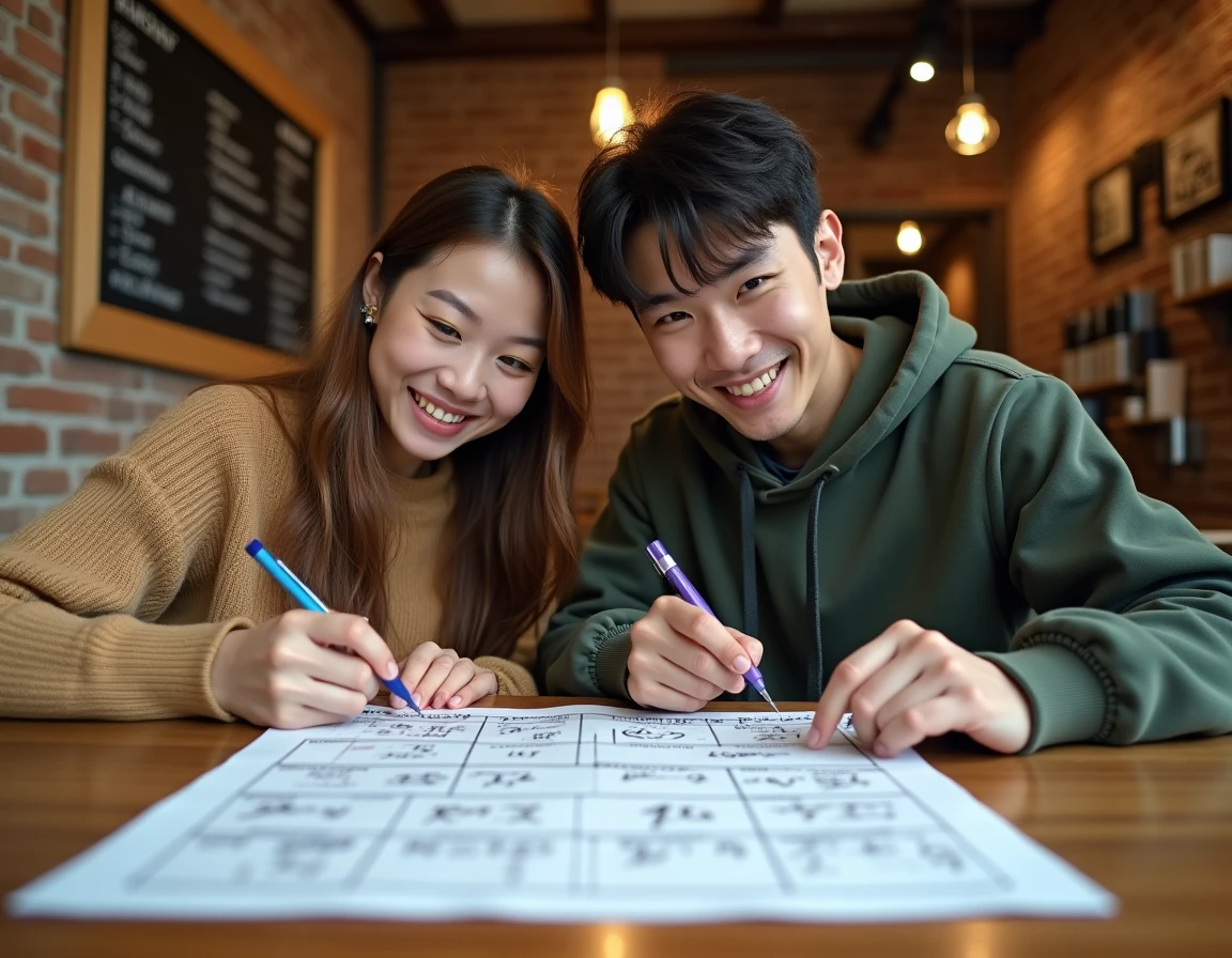 Deux amis discutant d'un planning de sorties anime organisé par genre dans un café urbain