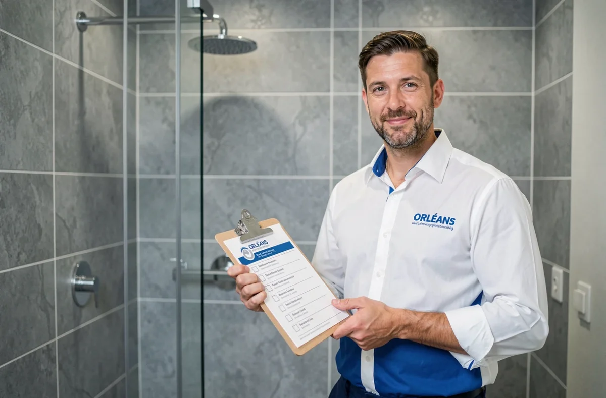 Plombier d'Orléans Plomberie Services présentant une installation de douche neuve dans un appartement rénové à Orléans