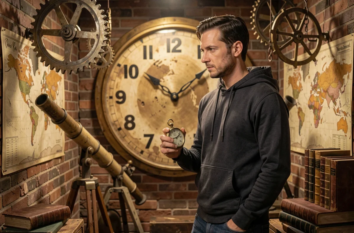 Joueur tenant une montre vintage face à une horloge mystérieuse dans l'escape room Out of Time en Moselle