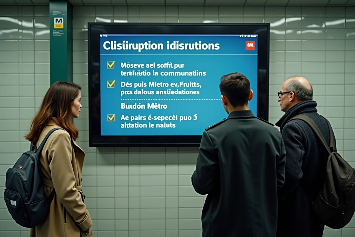 Voyageurs consultant un panneau d'information sur les perturbations de la ligne 4 du métro parisien en 2026
