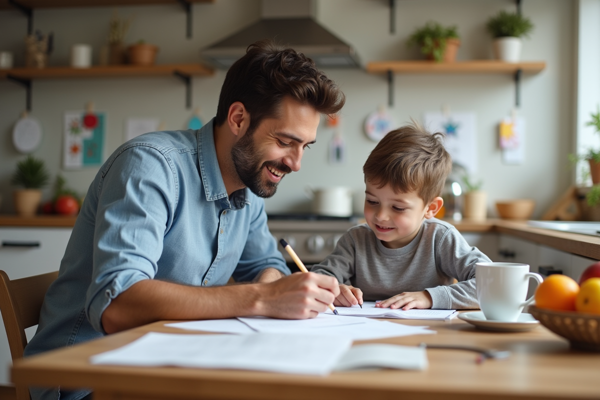 Papa aidant son enfant avec ses devoirs à la cuisine