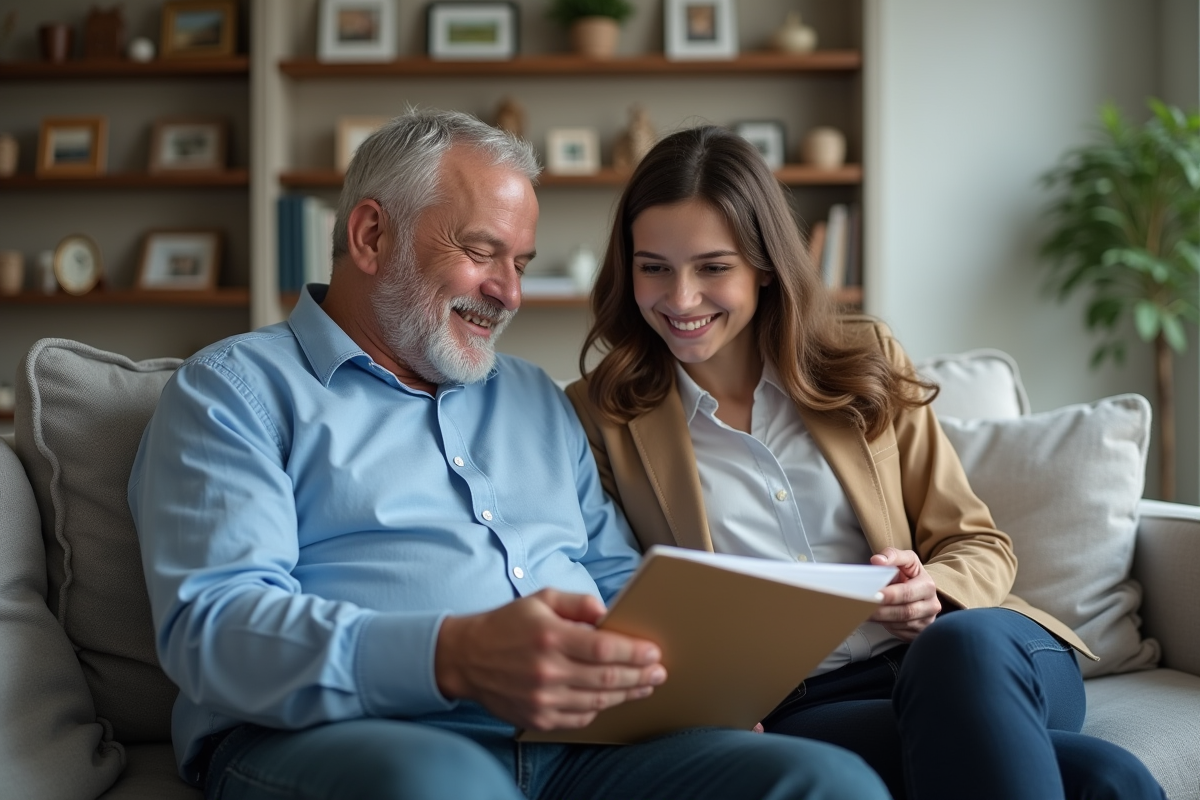 Père et fille regardent un dossier ensemble dans le salon
