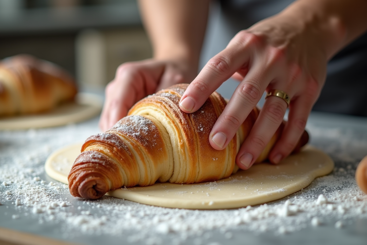 Mains du boulanger pliant la pate de croissants sur un plan de travail