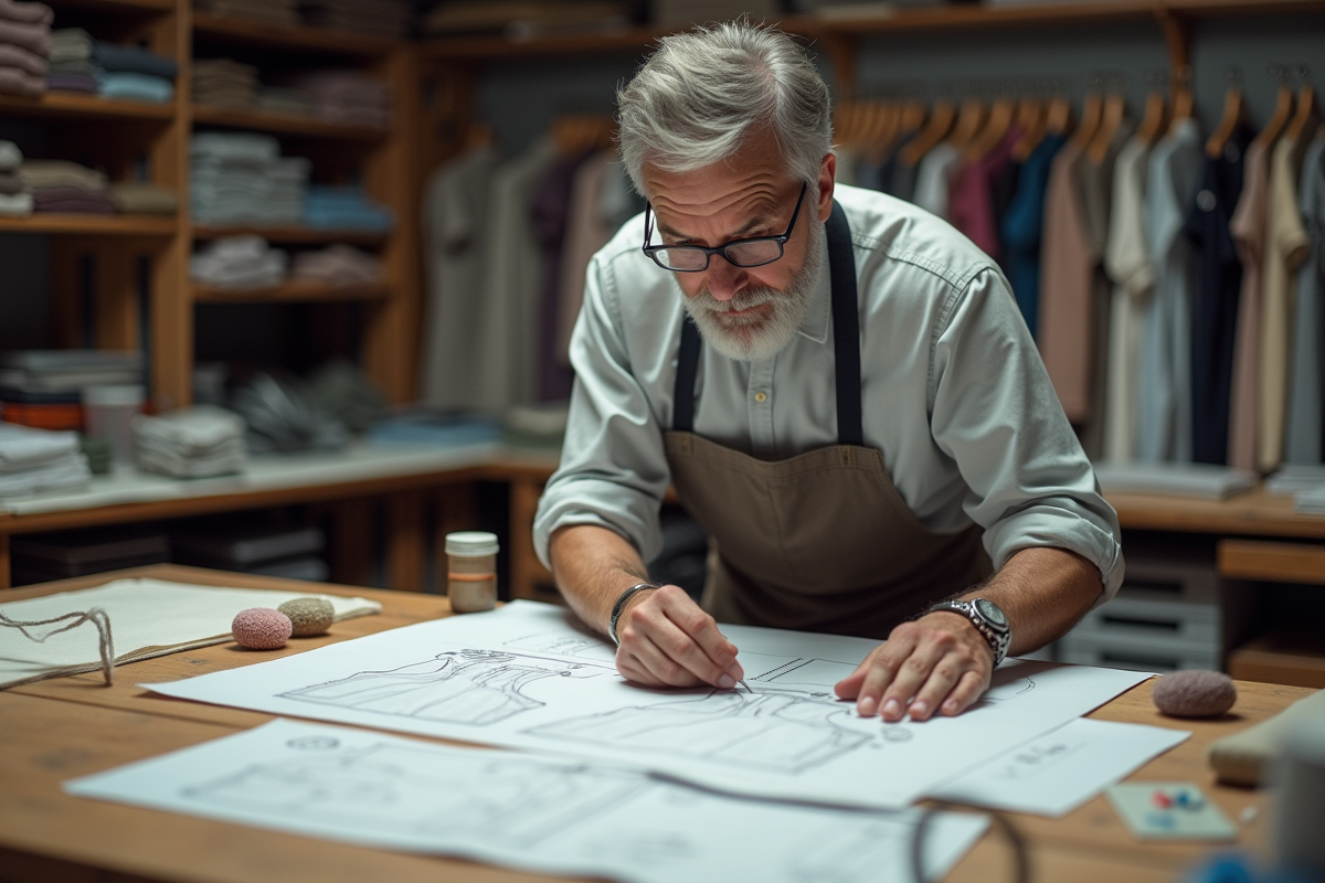 Homme expérimenté travaillant sur un patron de vêtement dans son atelier