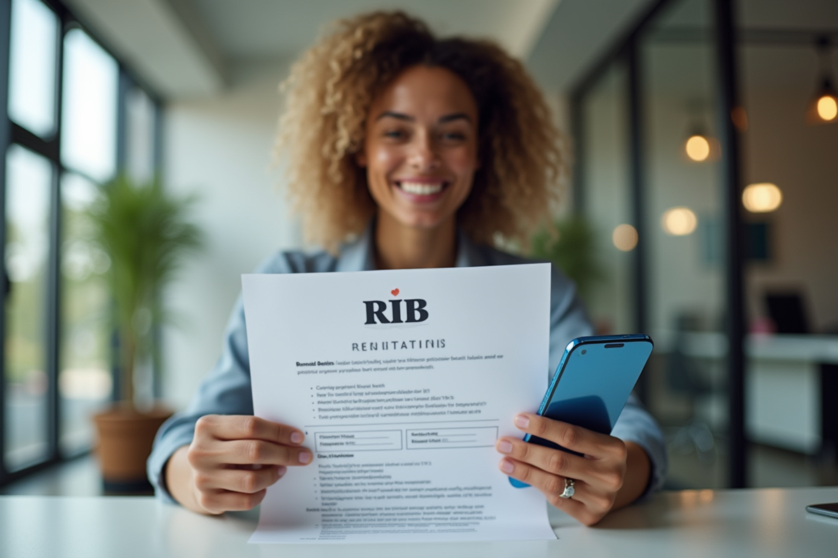 Personne souriante tenant un document RIB et un smartphone avec confirmation