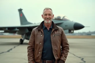 Pilote vétéran en blouson aviateur en cuir sur un tarmac militaire avec un avion de chasse en arrière-plan flou