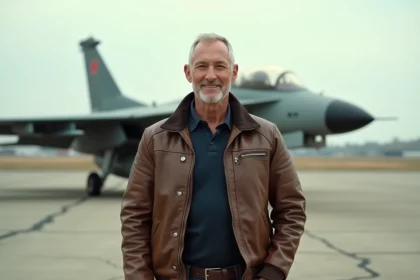 Pilote vétéran en blouson aviateur en cuir sur un tarmac militaire avec un avion de chasse en arrière-plan flou