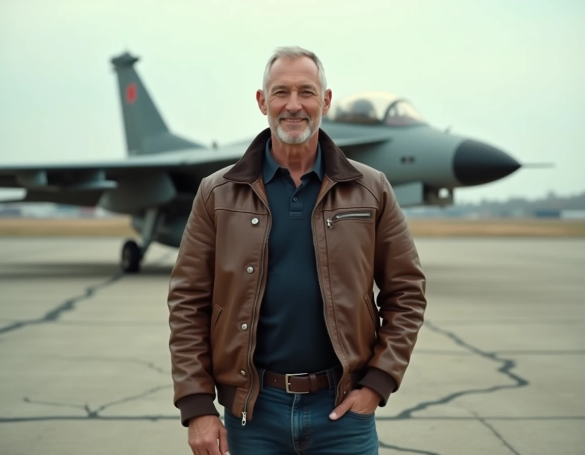 Pilote vétéran en blouson aviateur en cuir sur un tarmac militaire avec un avion de chasse en arrière-plan flou