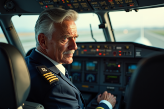 Pilote âgé en uniforme dans le cockpit d’un avion moderne