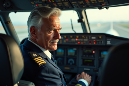 Pilote âgé en uniforme dans le cockpit d’un avion moderne