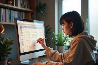Jeune femme annotant un calendrier de sorties anime par genre dans un bureau home office chaleureux